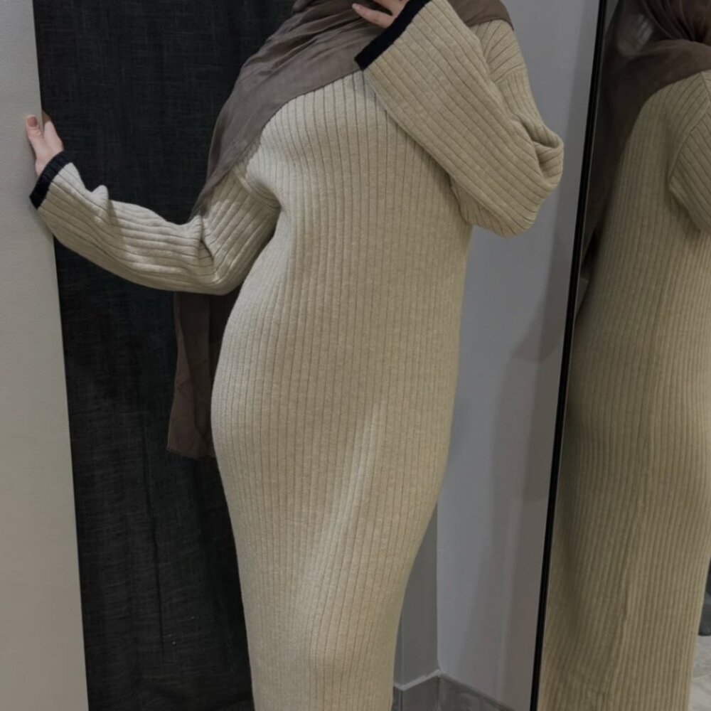 beige rib knit sweater dress
